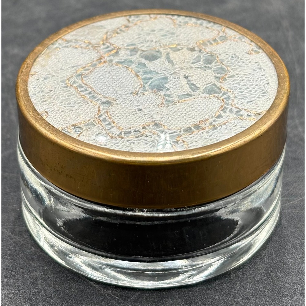 Vintage‎ Glass Vanity Jar Brass Lid White Lace Inlay Round Trinket Box 2 Inch